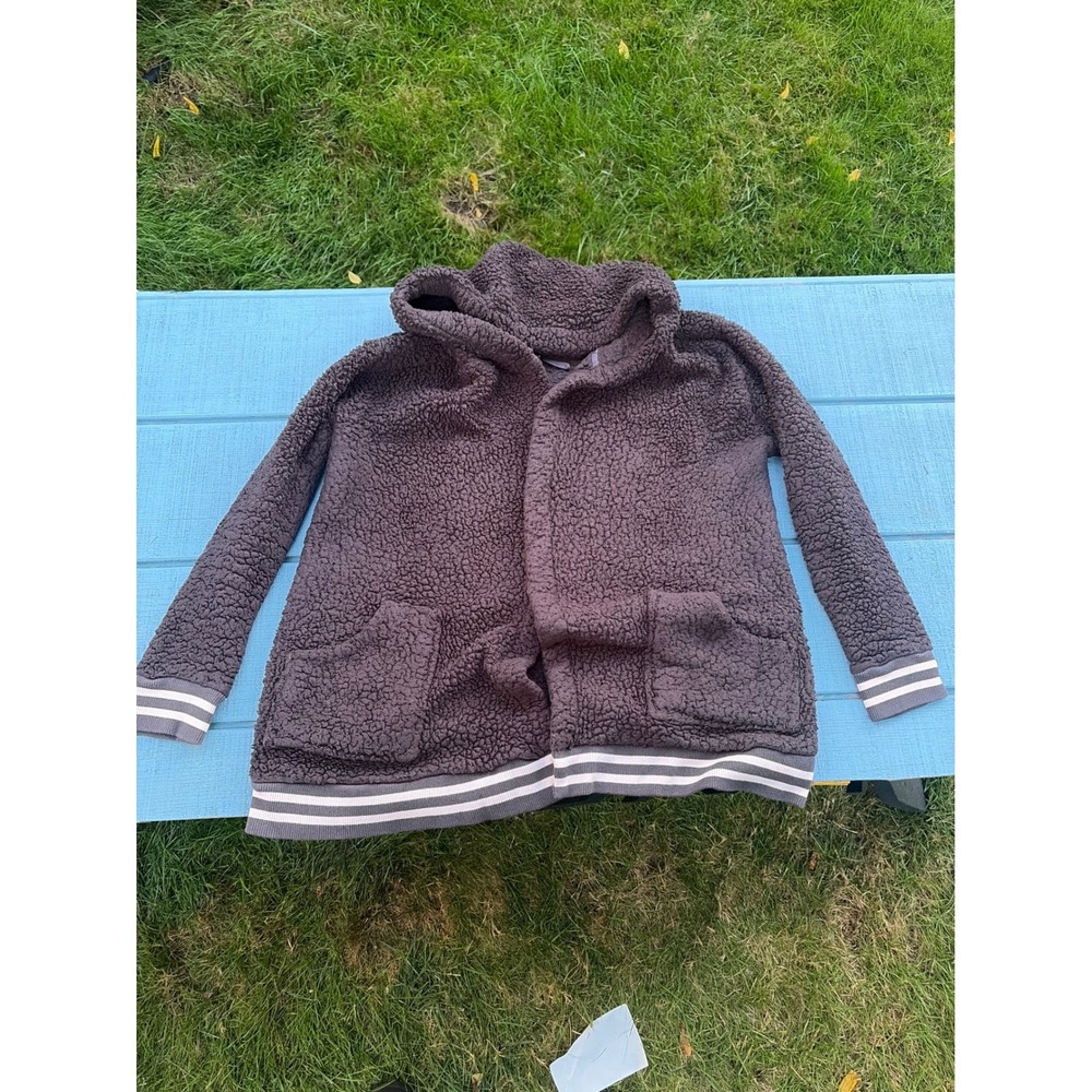 Make + Model Sherpa Fleece Hooded Open Front Cardigan Grey Striped Trim M/L